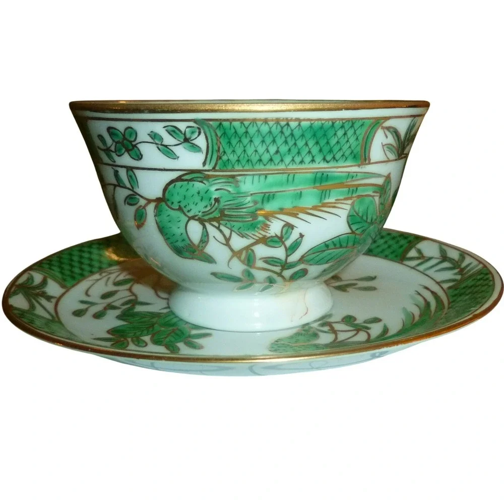 Vintage Chinese Famille Verte Style Teacup & Saucer Green Phoenix Bird Gold Gilt